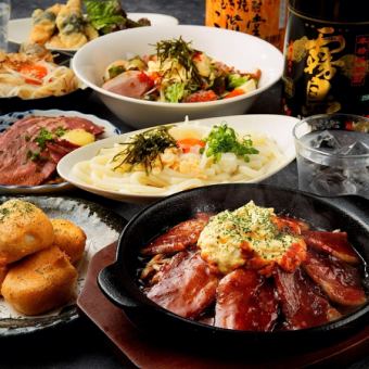 丰盛的3小时盛宴！烤鸭串、牛腩排、虾、金枪鱼等等！包含3小时无限畅饮生啤！《特制肉类及鱼类套餐》10道菜，仅需6000日元