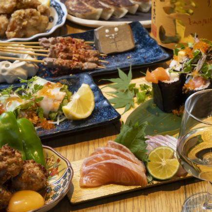 【仅限午餐】享用时令生鱼片、招牌鸡肉料理、煎饺,并搭配午餐饮品套餐,价格为 5,000 日元(含税)