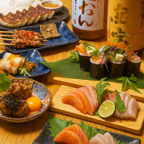 忘年会に！【宴ノ怪～人気Ｎo.1宴会コース～】お刺身2種盛り、自家製ローストビーフの肉寿司