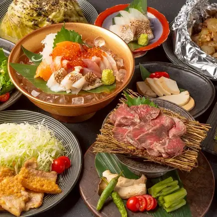【迎新歡送會】平日3小時/週末2.5小時 暢飲+9道菜 4500日元 ◆甚平標準套餐 ◆信州豬肉鐵板燒及海鮮