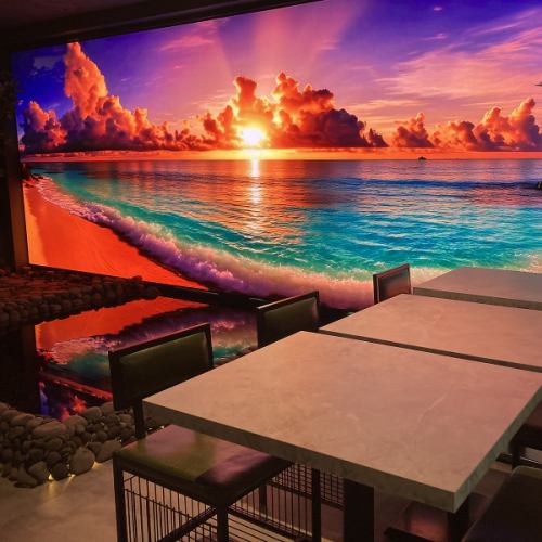 <p>【済州のビーチをイメージしたリゾート空間】店内に入ると広がるのは、済州島をイメージした非日常のリゾート空間。爽やかな内装と、大きな映像スクリーンが、まるで本物のビーチにいるかのような雰囲気を演出します。日々の喧騒から離れて、心ゆくまでリラックスした時間を過ごすことができます。</p>
