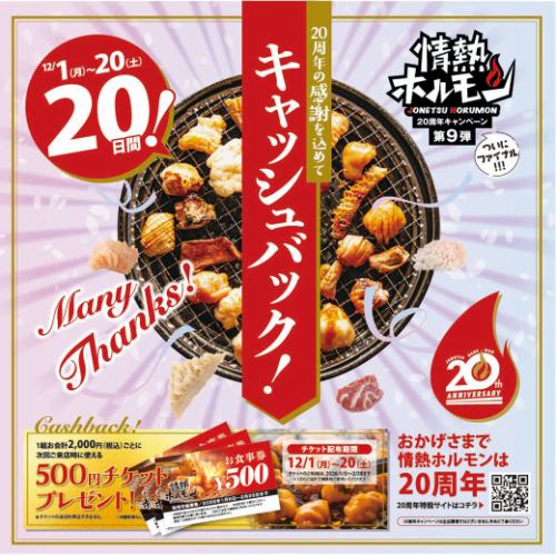 【新宿西口で焼肉宴会】12月1日より情熱ホルモン20周年最後の大キャンペーン開催中!