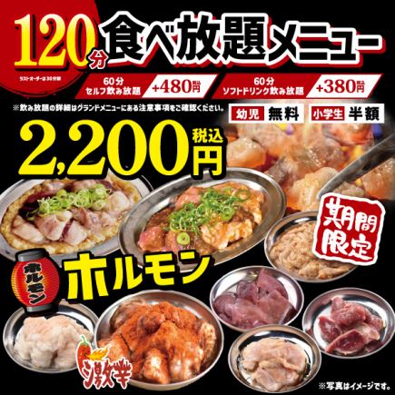 【超お得◆食べ放題】　期間限定の焼肉ホルモンなど120分食べ放題コース　2,200円