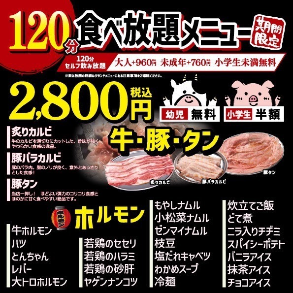 【超お得◆食べ放題】 期間限定の120分焼肉食べ放題 2,800円
