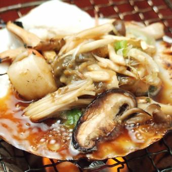 Grilled crab miso with scallops and mushrooms