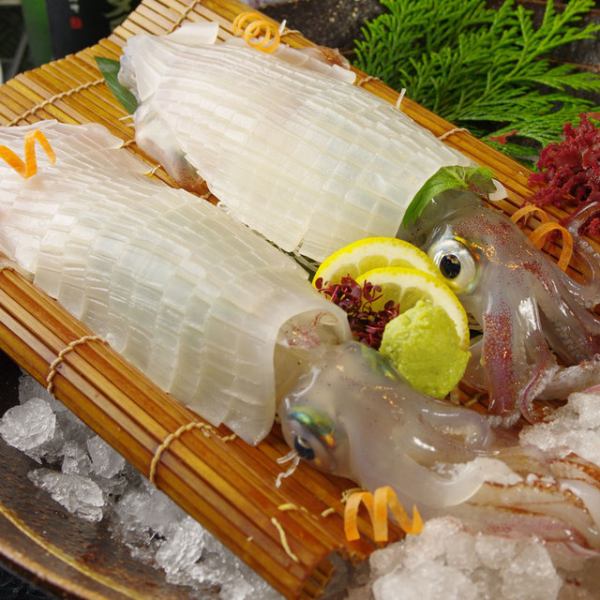 市場より仕入れた新鮮な魚…『活イカ姿造り』