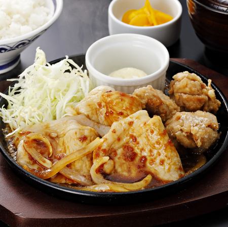 岩中ポークの鉄板生姜焼きとから揚げの合い盛り定食