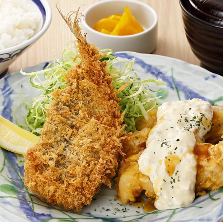 アジフライとチキン南蛮定食