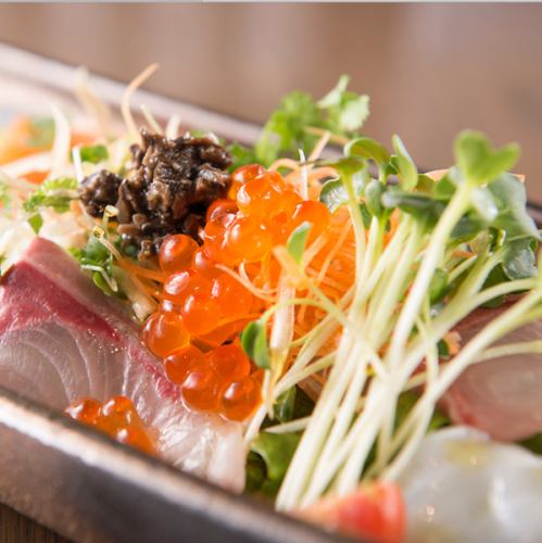 "10 kinds of vegetables directly produced salmon roe and seafood salad"