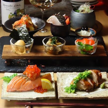 6道清酒料理的「前菜」+魚類和肉類料理的「後菜」+最後的蕎麥茶泡飯！含無限量飲品 5,500 日圓