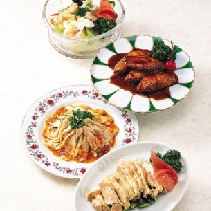 Steamed chicken, chicken with sesame sauce, chicken with Szechuan sauce <spicy>