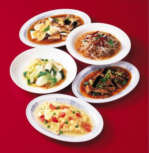 Stir-fried vegetables, bean sprouts, mapo tofu (spicy), chive and egg stir-fry