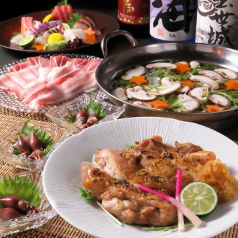 【一番人気！】 刺身3種盛や国産三元豚しゃぶしゃぶなど全8品3H飲み放題付5,000円(税込)