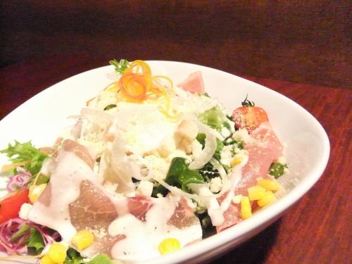 Caesar salad of prosciutto and hot spring egg
