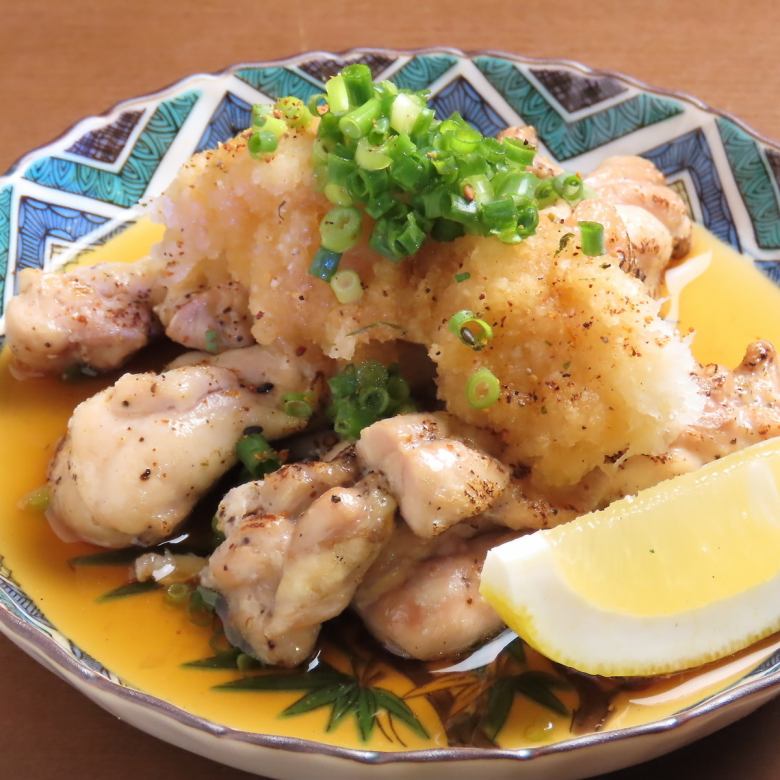 Charbroiled chicken neck with ponzu sauce and grated daikon radish