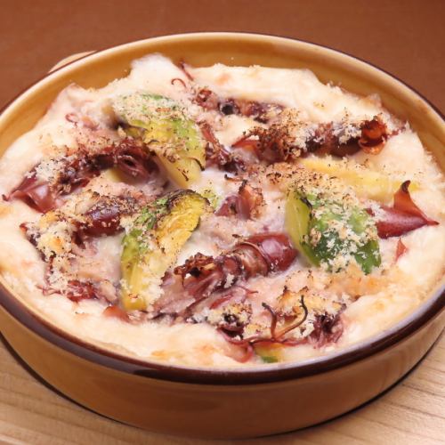 Firefly squid and Brussels sprouts gratin
