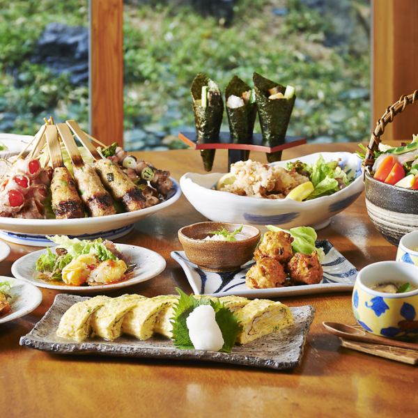てんぐ初心者の方へ。炭火の香ばしさガツン！串焼きコース(焼き鳥、厚焼き玉子、唐揚げ他、飲み放題付)