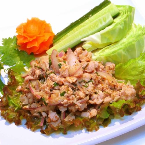 "Larb Guy" with minced chicken and dry herbs