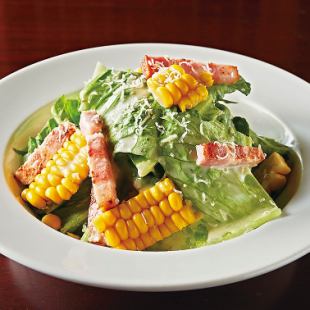 Caesar salad with lees-pickled bacon and corn