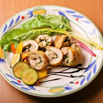 鶏もも肉のポルケッタ風 バジルの香りとゆずバルサミコソース