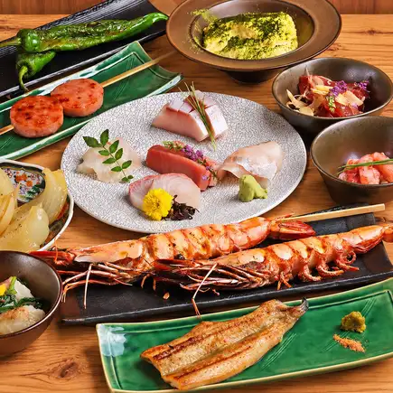 ■3H飲み放題付『浜 -HAMA-』本日の魚串炉端焼きに刺身5種盛り等〈全8品〉5000円⇒4000円