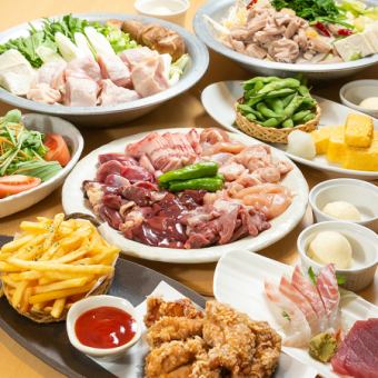 《远坂套餐》共10道菜，鸡肉和牛肉烤肉+生肉，附2小时无限畅饮♪4,000日元（含税）