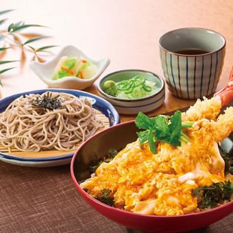 Large shrimp tempura rice bowl with fluffy egg and noodles