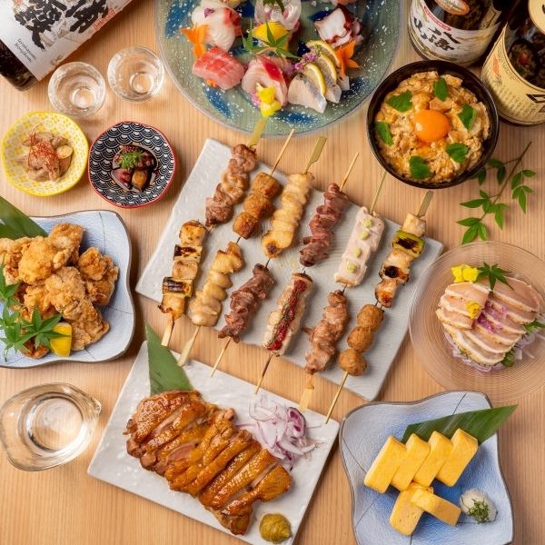 自慢の焼き鳥や海鮮ちらし寿司など７品＋生ビール付１２０分飲み放題