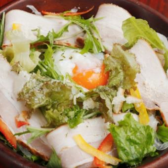 Caesar salad with Hiyozaemon, soft-boiled egg topped with homemade bacon