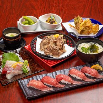 Sunday to Thursday only! 5 pieces of Miyazaki beef nigiri, 4 pieces of Hyuga-nada, 2 hours of fried chicken and all-you-can-drink included for 4,000 yen