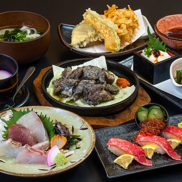 【春の歓迎会♪】いくら×宮崎牛炙り握り寿司と地鶏、看板のお刺身盛、天ぷらが入った安心の一人一皿コース