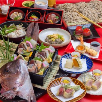 安心の一人一皿♪生そば華膳懐石 大漁真鯛盛りと豚しゃぶコース+生ビール付3H飲放8,000円
