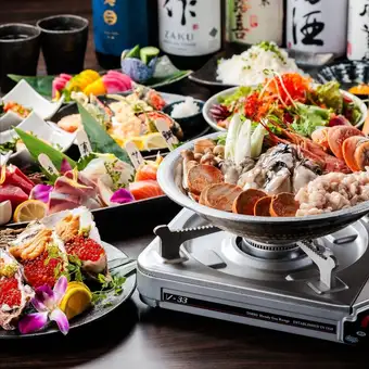 【痛风套餐】佐以日本清酒：享用诱发痛风的生蚝和奢华的痛风友好型火锅！包含2小时畅饮，仅需6000日元（共8道菜）。