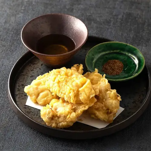 Ooyama chicken tempura served with shichimi salt.
