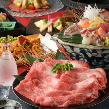 [Nabe] 7-course ``Sukiyaki course'' including suki-shabu made with Kuroge Wagyu beef kurashita and 3 types of fresh fish, includes 2 hours of all-you-can-drink