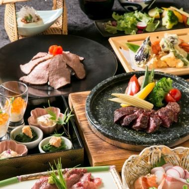 [For dinner] ``Gion course'' includes stone-grilled Sendai beef, fresh fish sashimi, Japanese beef sushi, foie gras, etc. 3 hours all-you-can-drink included