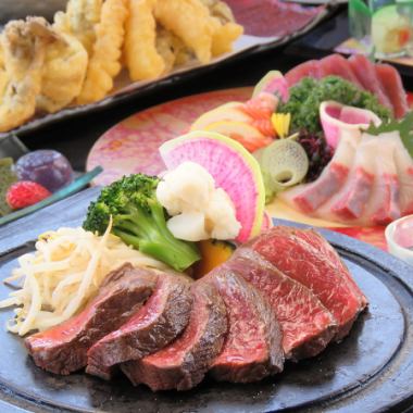 "Toba Course" includes 7 dishes including grilled crossbred beef and a 2-kind assortment of fresh fish, and includes 2 hours of all-you-can-drink for 6,000 yen