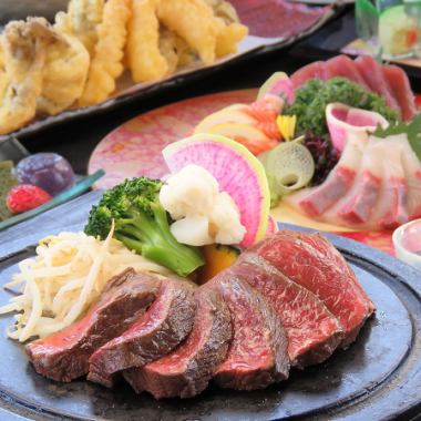 [Lunch] Stone-grilled crossbred beef, two kinds of fresh fish, Wagyu minced meat cutlet, and other 7 dishes in total. "Toba Course" with 2 hours of all-you-can-drink for 6,000 yen
