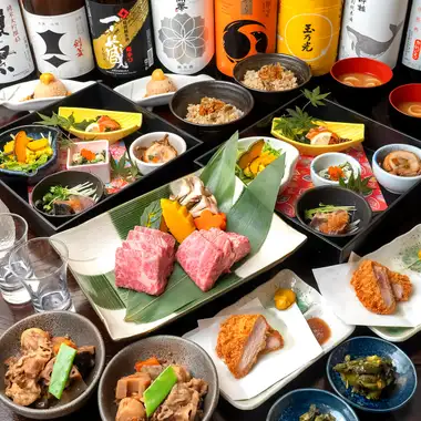 【午餐聚会】9道菜“宇治套餐”，包括烤和牛牛腿肉、刺身和猪里脊肉排，2小时畅饮，价格8000日元。