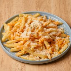 French fries with two kinds of cheese sauce