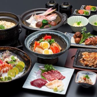 「万祭（まんさい）コース」馬刺し、黒毛和牛ロース、鯛めしなど　全10品