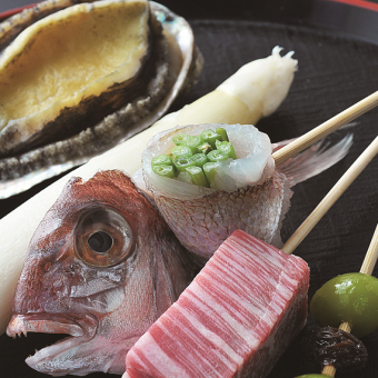 豪華！鮑串とA5牛ヒレ肉串付き最上の全17品コース【ウェルカムドリンク付】