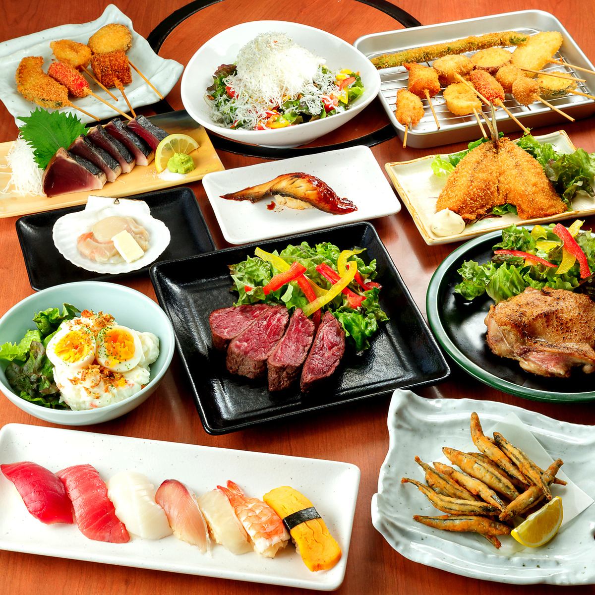 寿司やお造り、藁焼き、浜焼き、串揚げなど種類豊富にご用意！