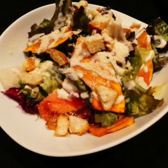 Fried rice cake and seasonal vegetable Caesar salad