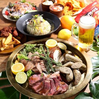 テラス付個室貸切!ビアガーデン風豪快肉盛プレート!スパークリング付90分飲放8名60000→45000円