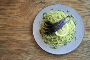A refreshing summer dish of hearty eggplant with shiso pesto.