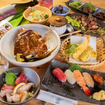 【豪华双人主菜】牛排、5种鲜鱼生鱼片、其他9种菜肴+120分钟无限畅饮套餐6,600日元（含税）