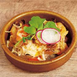 Grilled cheese, tomato, meat and potato stew