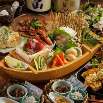 【生付き2H飲放題】豪快な舟盛りと和牛カルパッチョで大満足！全9品 5000円⇒4000円