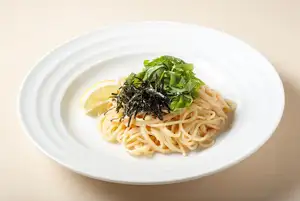 Japanese-style pasta with cod roe or spicy cod roe and squid, and green perilla leaves / Spicy cod roe and shimeji mushrooms, and green perilla leaves in a dashi soy sauce broth / Traditional Neapolitan pasta